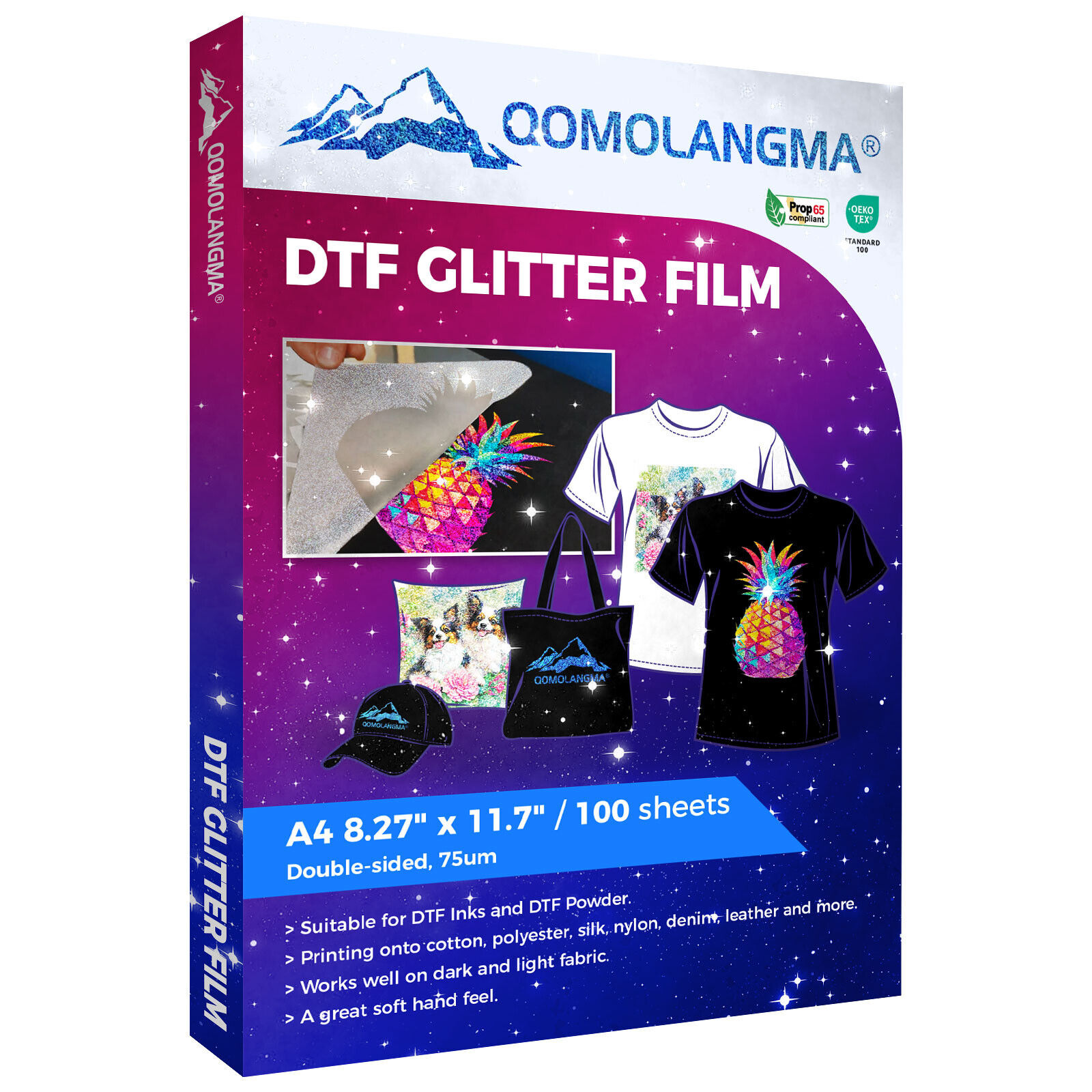 US Stock A4 100 Sheets 8.27in x 11.7in Glitter+ DTF Transfer Film Cold Peel