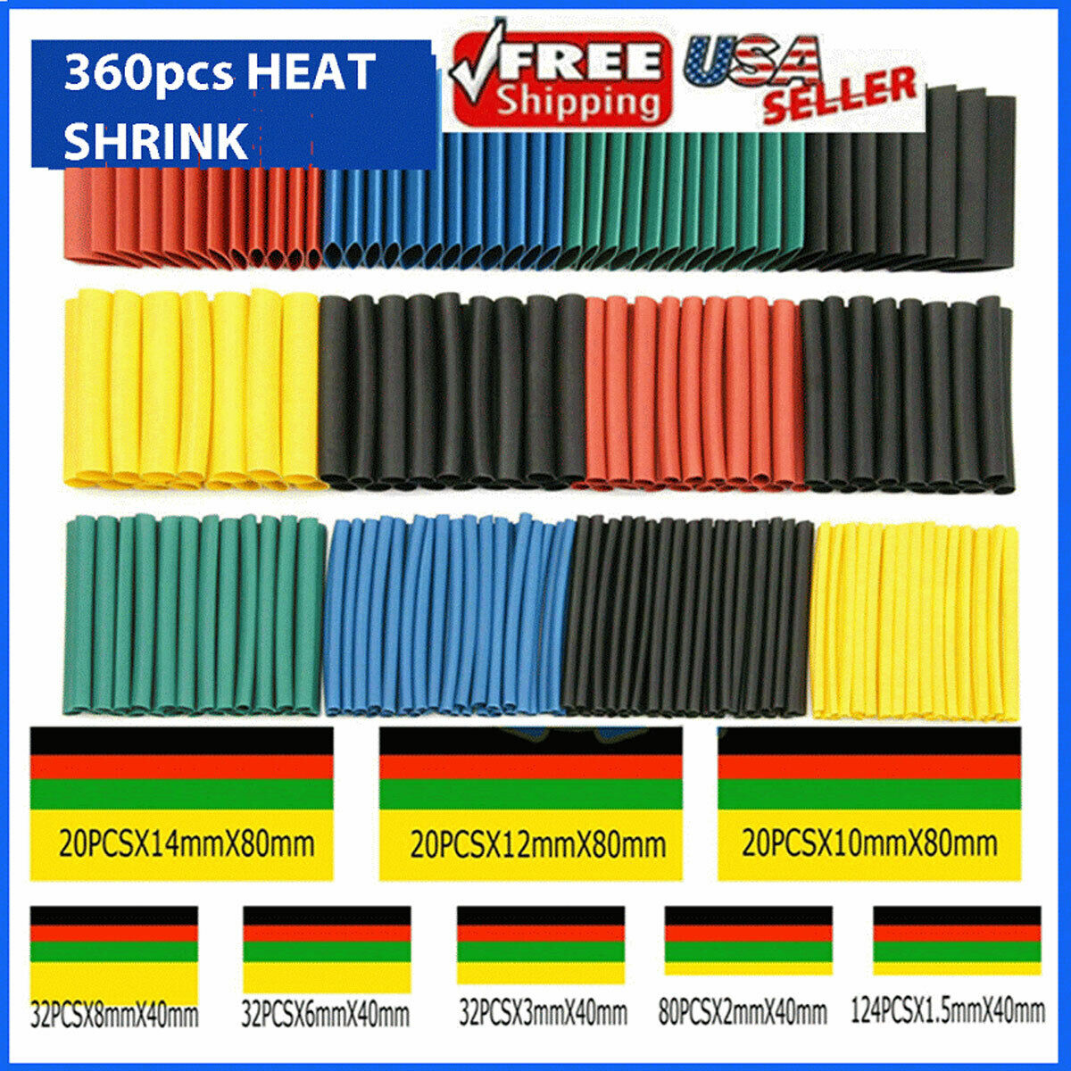 360Pcs Heat Shrink Tubing Insulation Shrinkable Tube 2:1 Wire Cable Sleeve Kit 