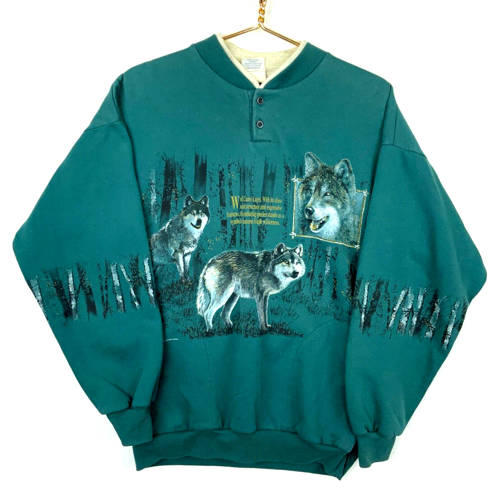 Vintage Wolf Wildlife Sweatshirt Henley Large Green Art Unlimited Aop 90s