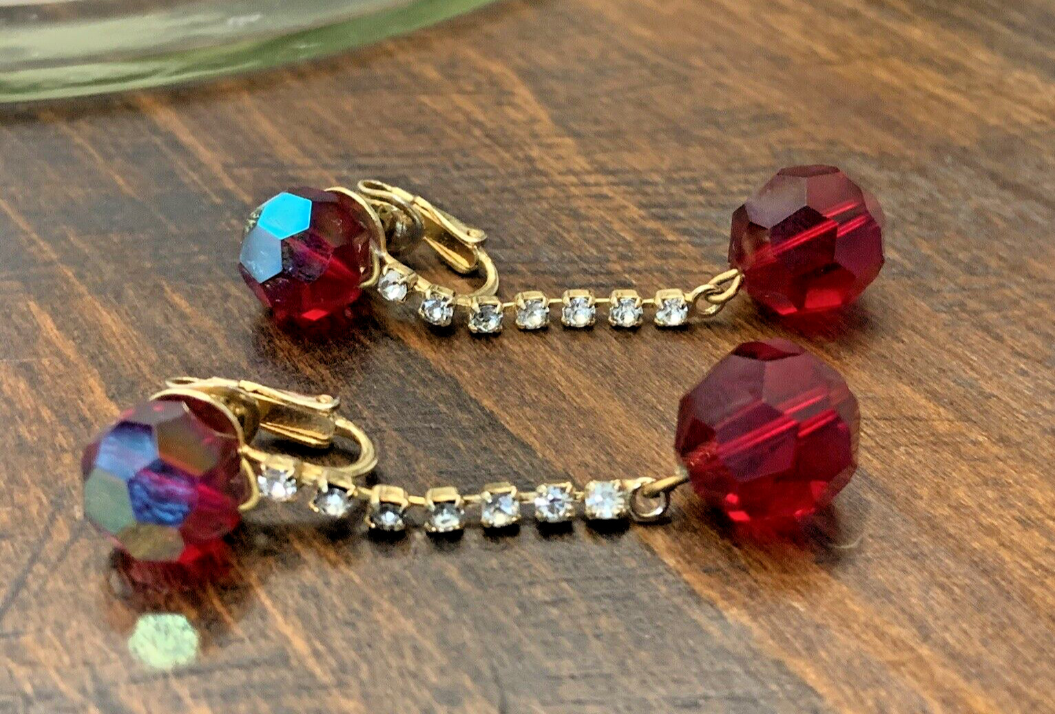 Vintage VOGUE JLRY Signed Dangle Clip On Gold Tone Red Bead Rhinestone Earrings