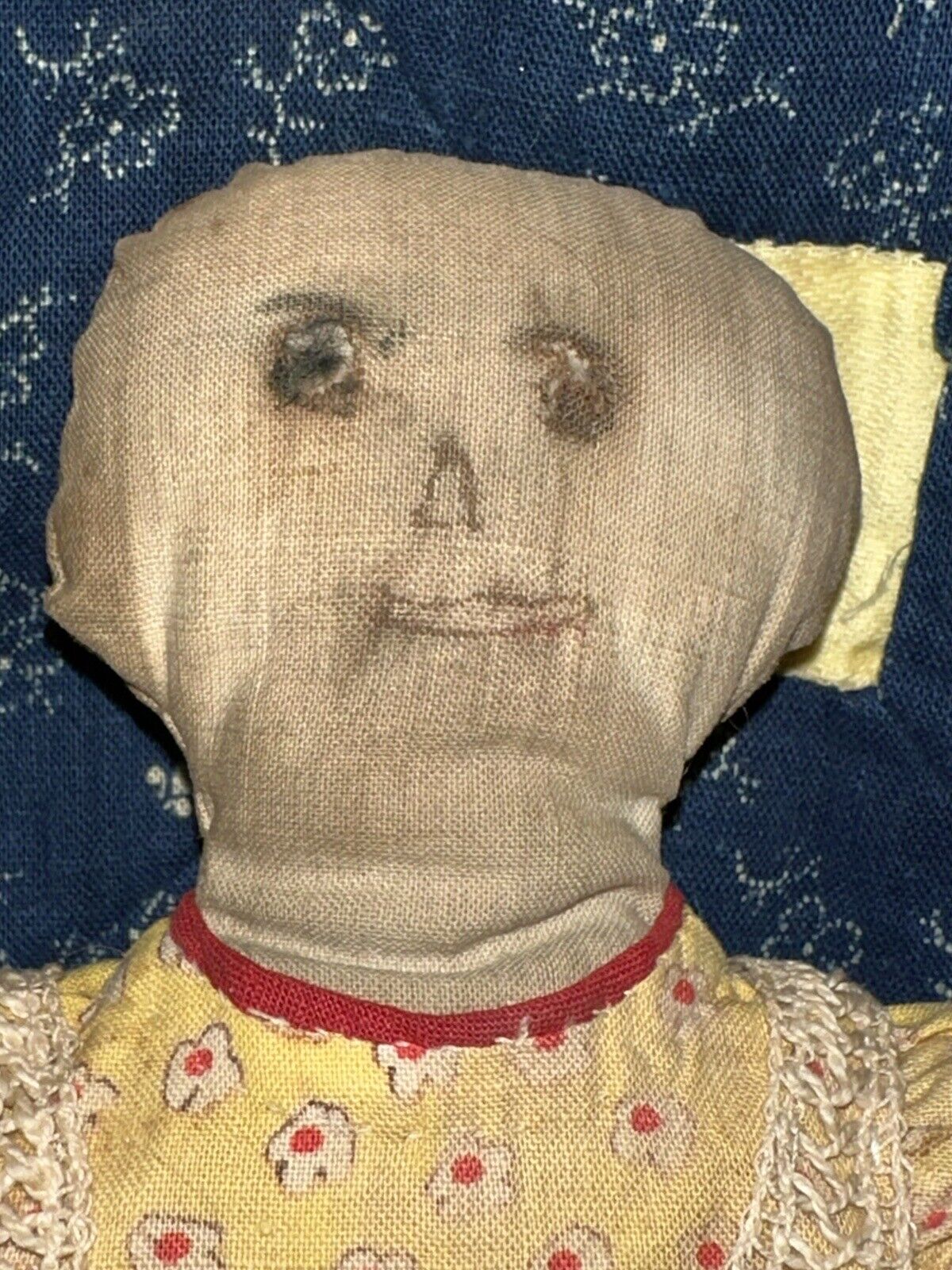 Antique Primitive  American Folk Art ink Face Cloth Rag Doll