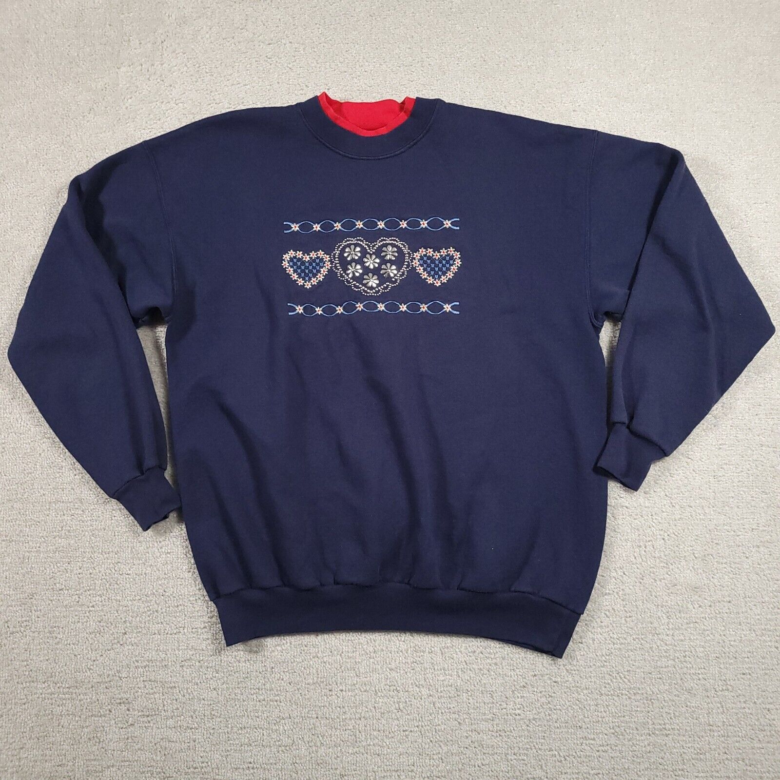 Vintage M&C Sportswear Crewneck Sweatshirt Women\'s Large Blue Hearts Grandma