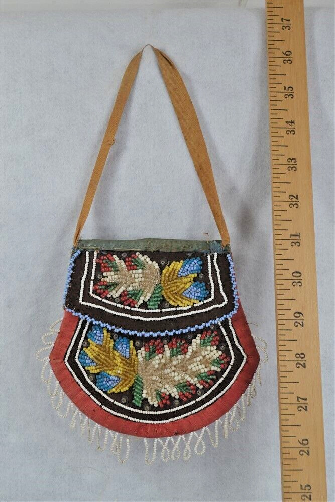 antique native American beaded bag Iroquois upper NY red blue sm 5x5 authentic