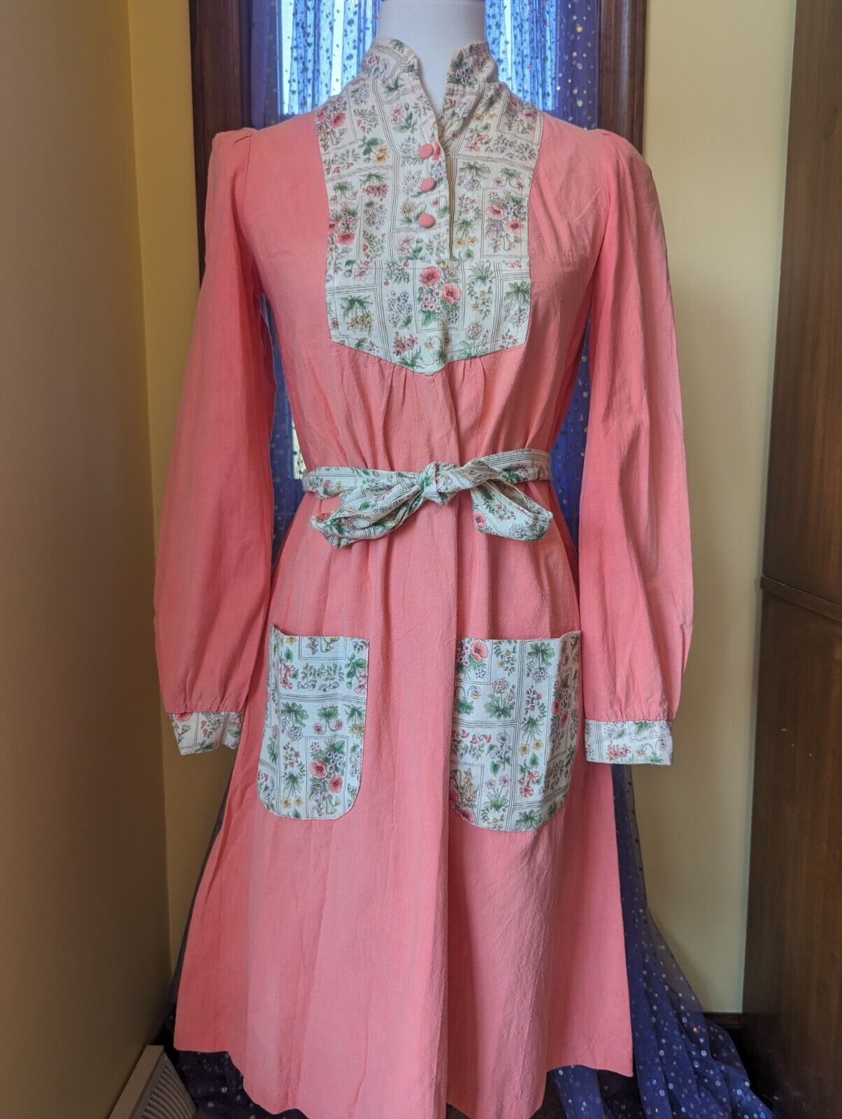 Vintage 70\'s Prairie Pink Smock Dress Size Small