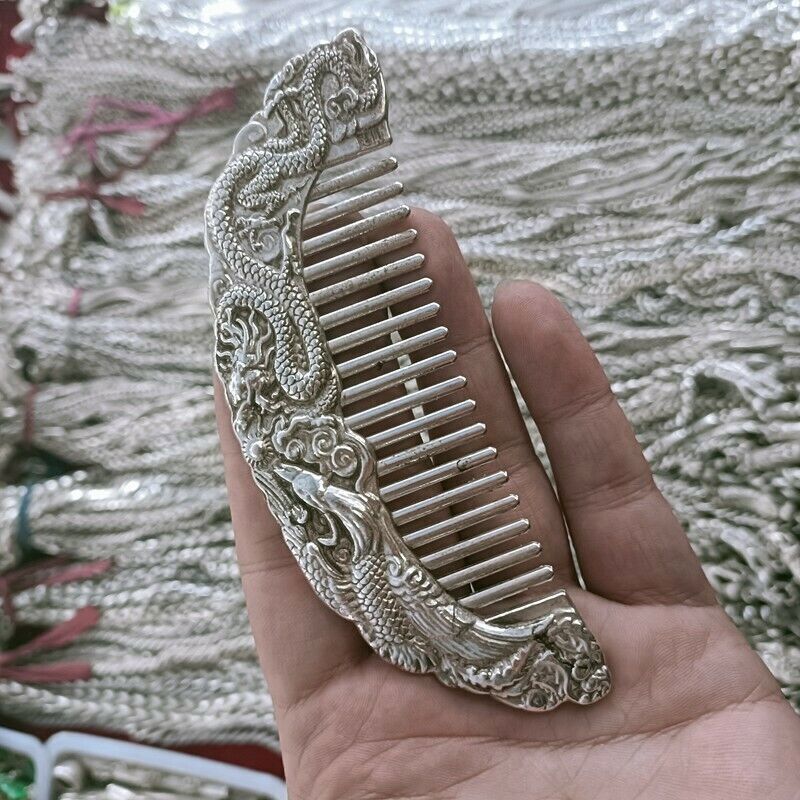 Exquisite Old Chinese tibet silver handmade Dragon phoenix comb statue 90145