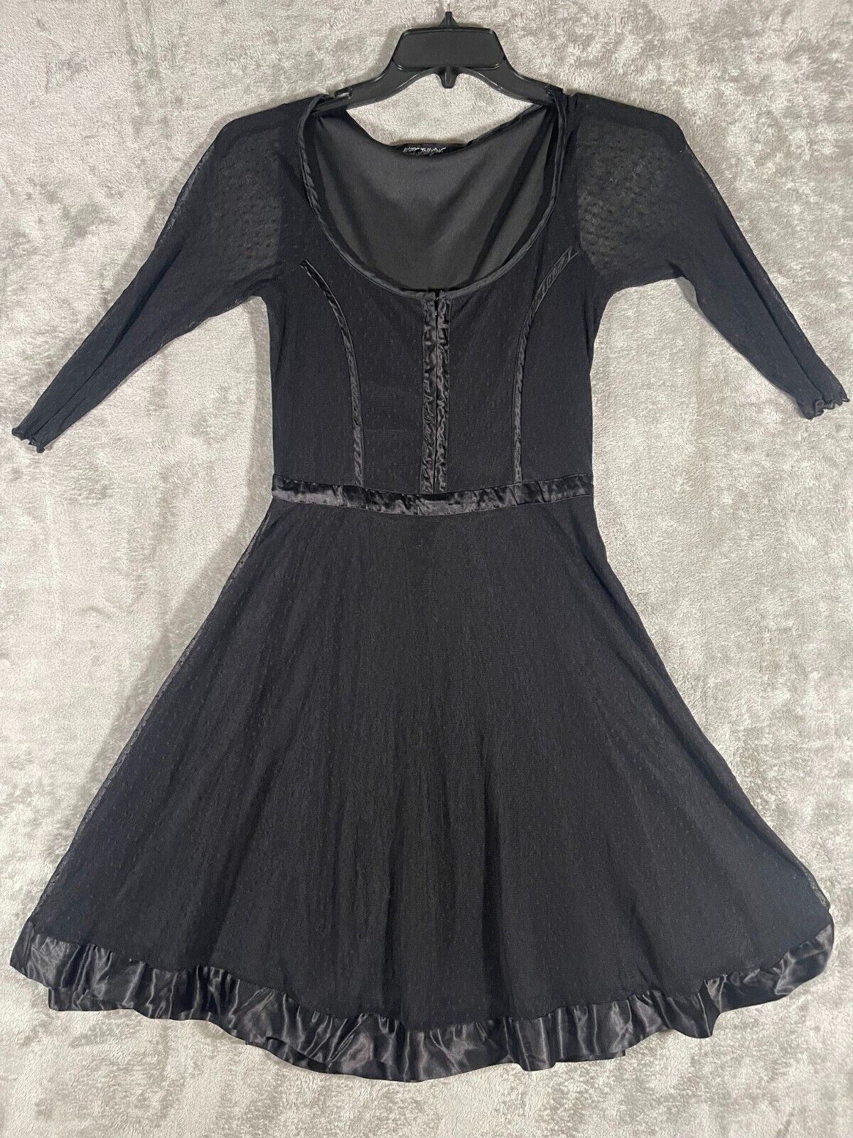 Vintage Betsy Johnson Black Dress Size S Sheer Sleeves Skirt Hook Eye Front