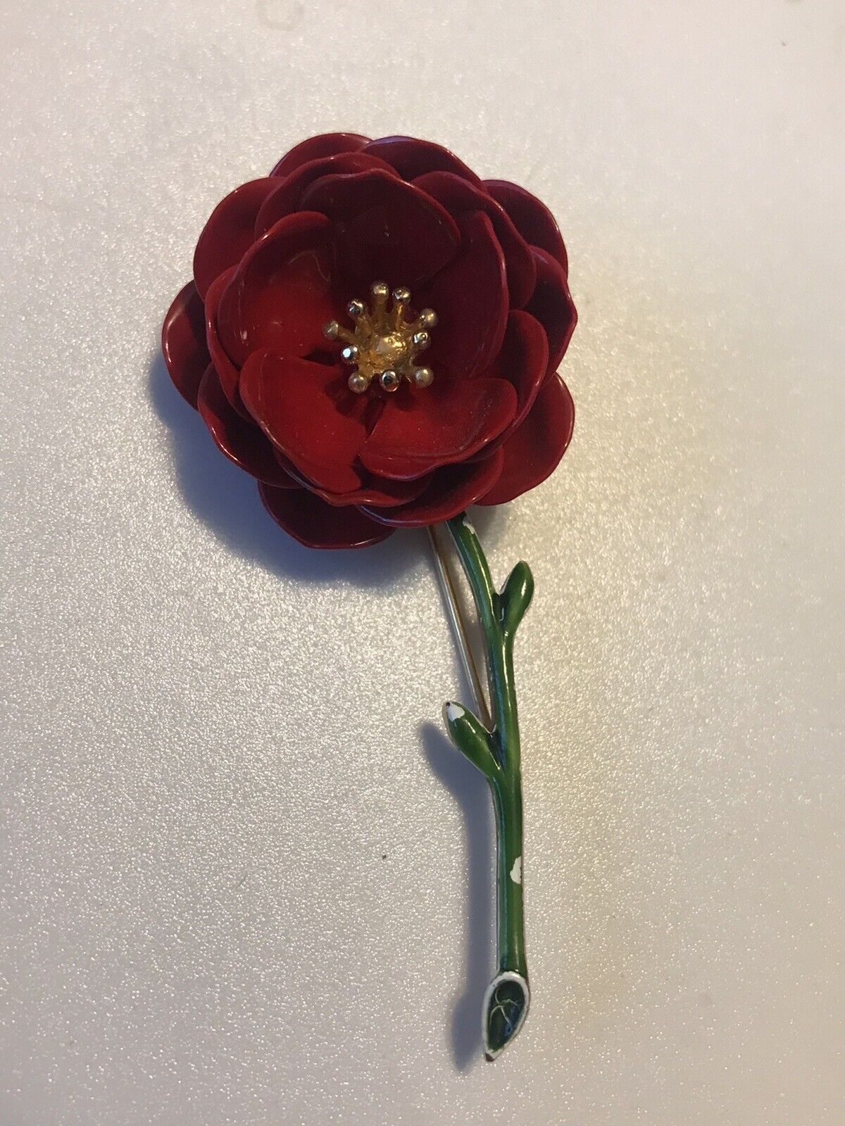 VTG Rare Statement Crown Trifari Red Rose Brooch Pin On Stem 3” Estate Beauty