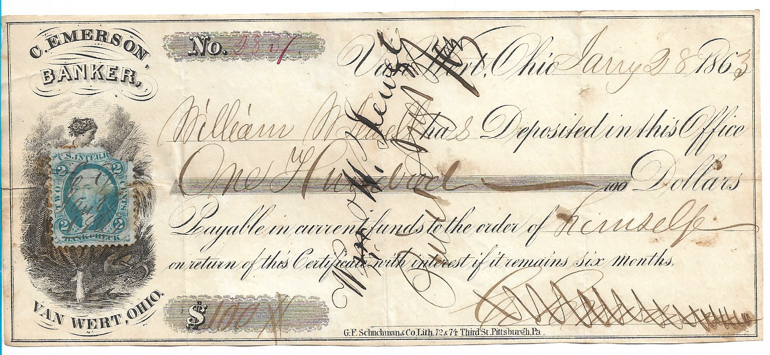 Civil War Era Bank Check 1863 C. Emerson Banker w/US Inter. Rev. 2C Stamp 14-281