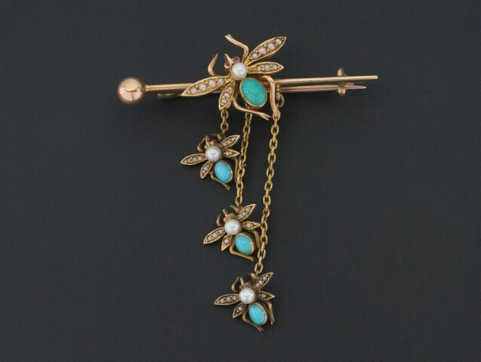 Antique Turquoise and Pearl Diamond Insect Pin 14K Yellow Gold Over Brooch Pin
