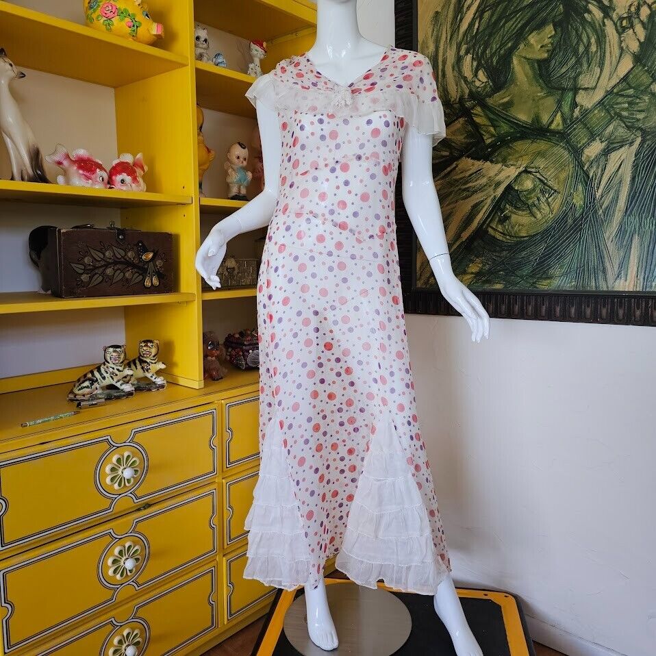 Vintage 30s Polka Dot Sheer Voile Gored RUFFLE Tea Lawn Maxi Dress Bias Gown S