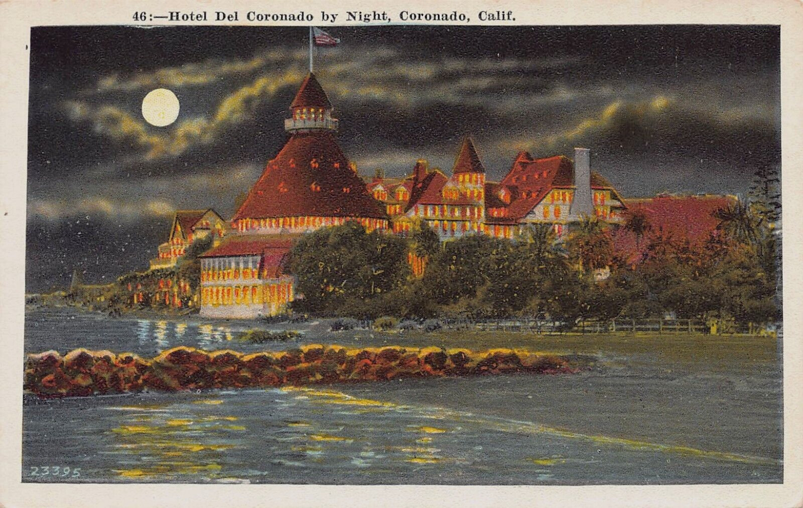 Hotel Del Coronado by Night, Coronado, California, Early Postcard, Unused