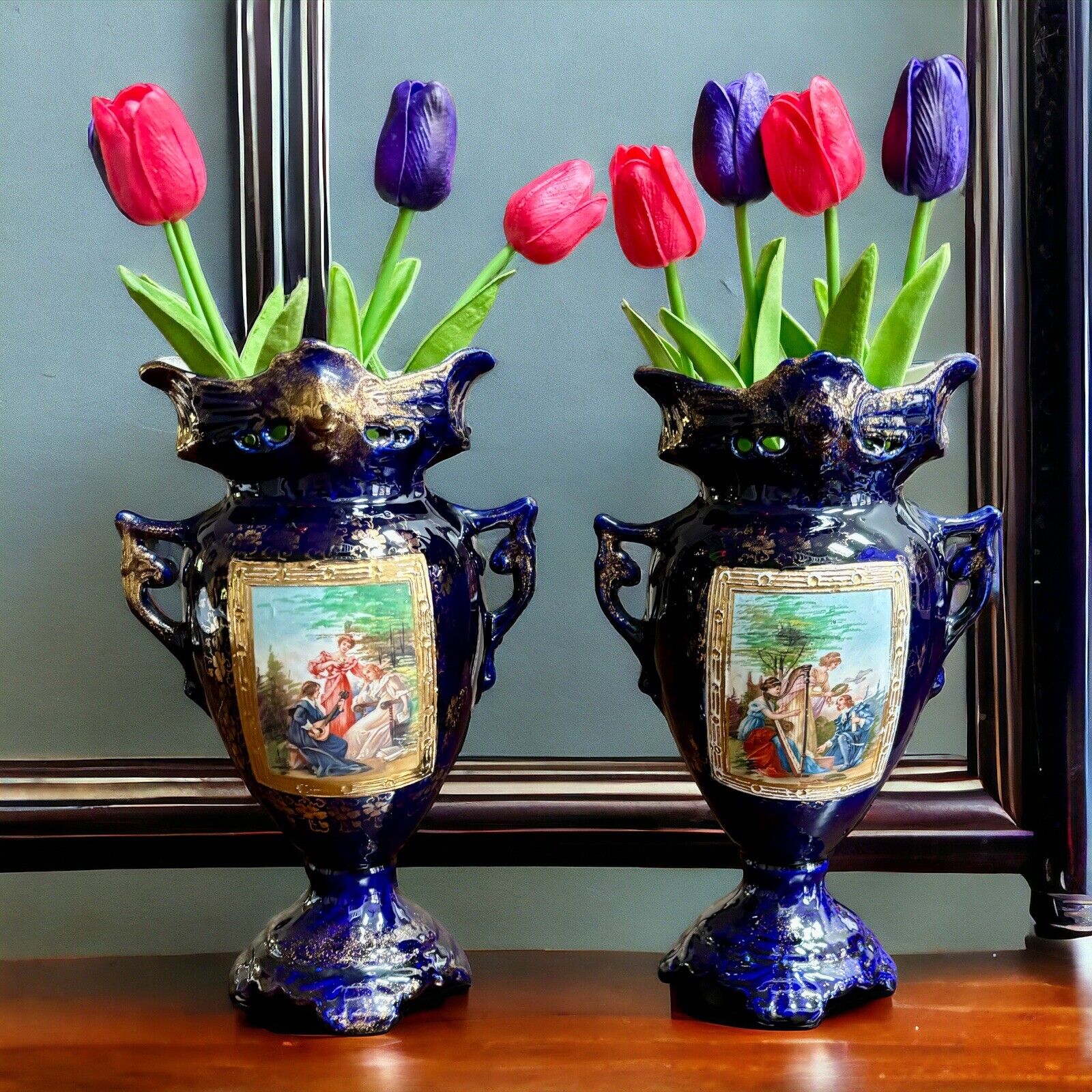 Pair Of Antique Josef Strnact Cobalt Blue Art Portrait Vases/urns Austria 11”