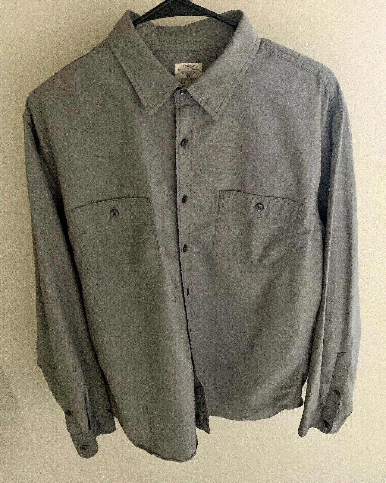Vintage J Crew Shirt Mens Large Gray Button Up Preppy Cotton Double Pockets 1990