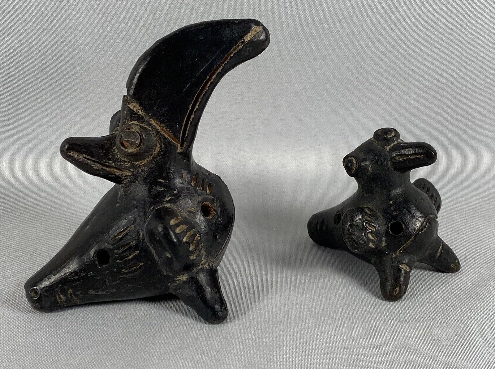 (2) Pre Columbian Ocarina Pottery Bird Toucan Whistle Pottery Bird Effigy Flute