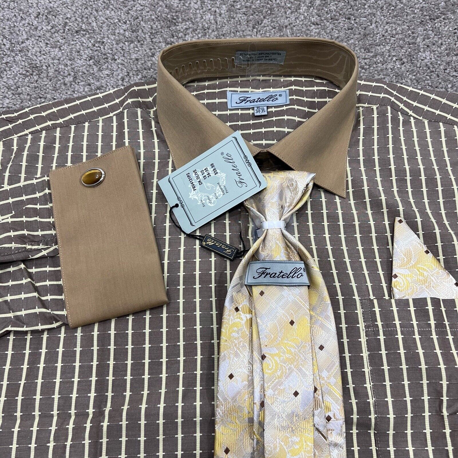 Fratello Men\'s Dress Shirt Size 18.5-34/35 Brown Yellow Palid Button Down Tie