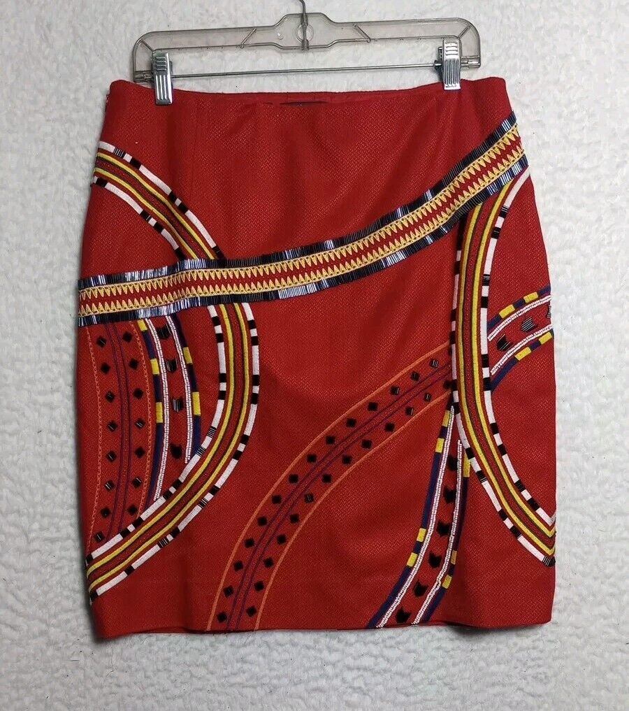 Carlisle Red Pencil Skirt Women’s Size 10 Embroidered  Beaded Trim Vintage