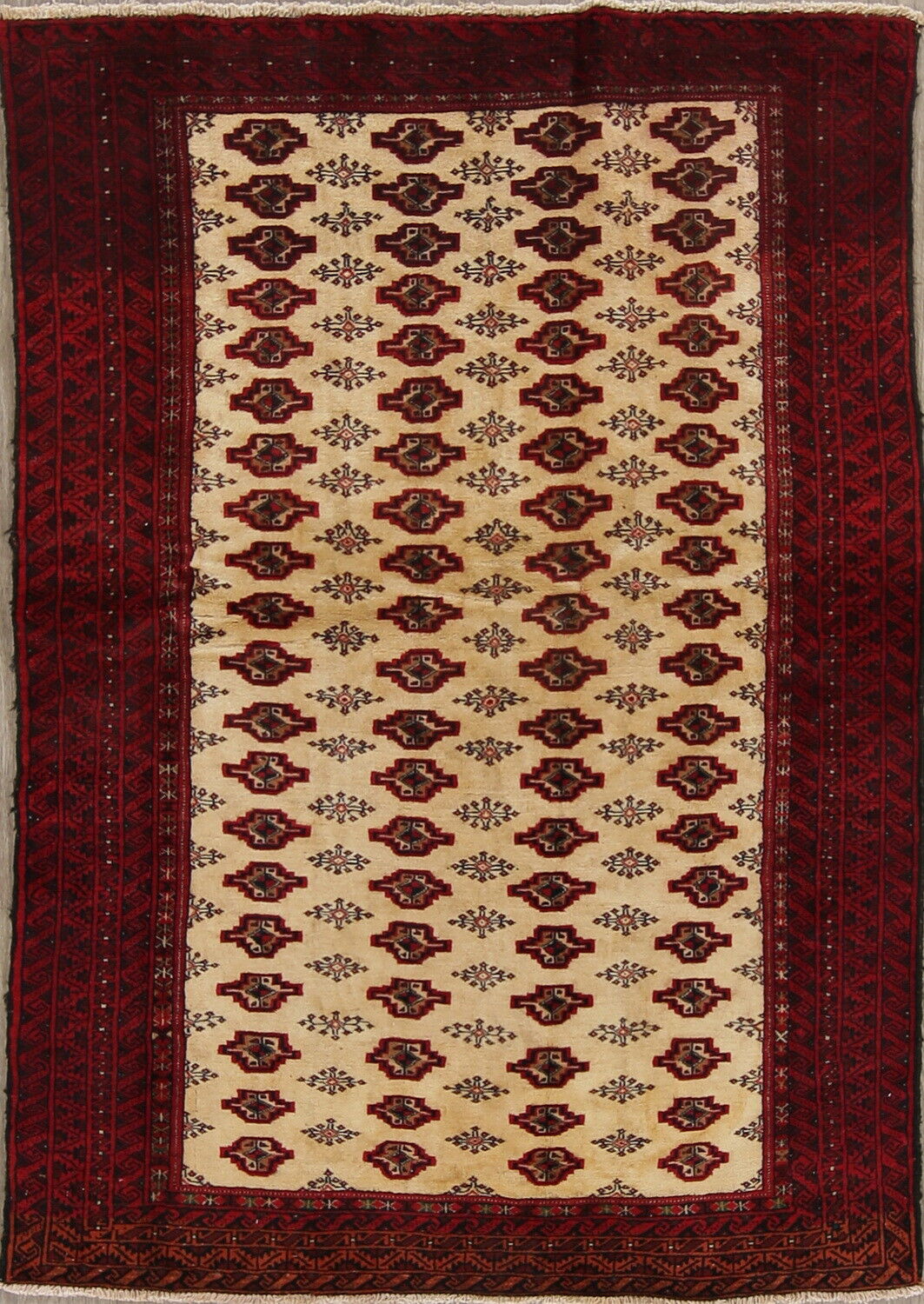 Vintage Light Gold Geometric Turkoman Bokhara Area Rug 4x6 Wool Hand-made Carpet