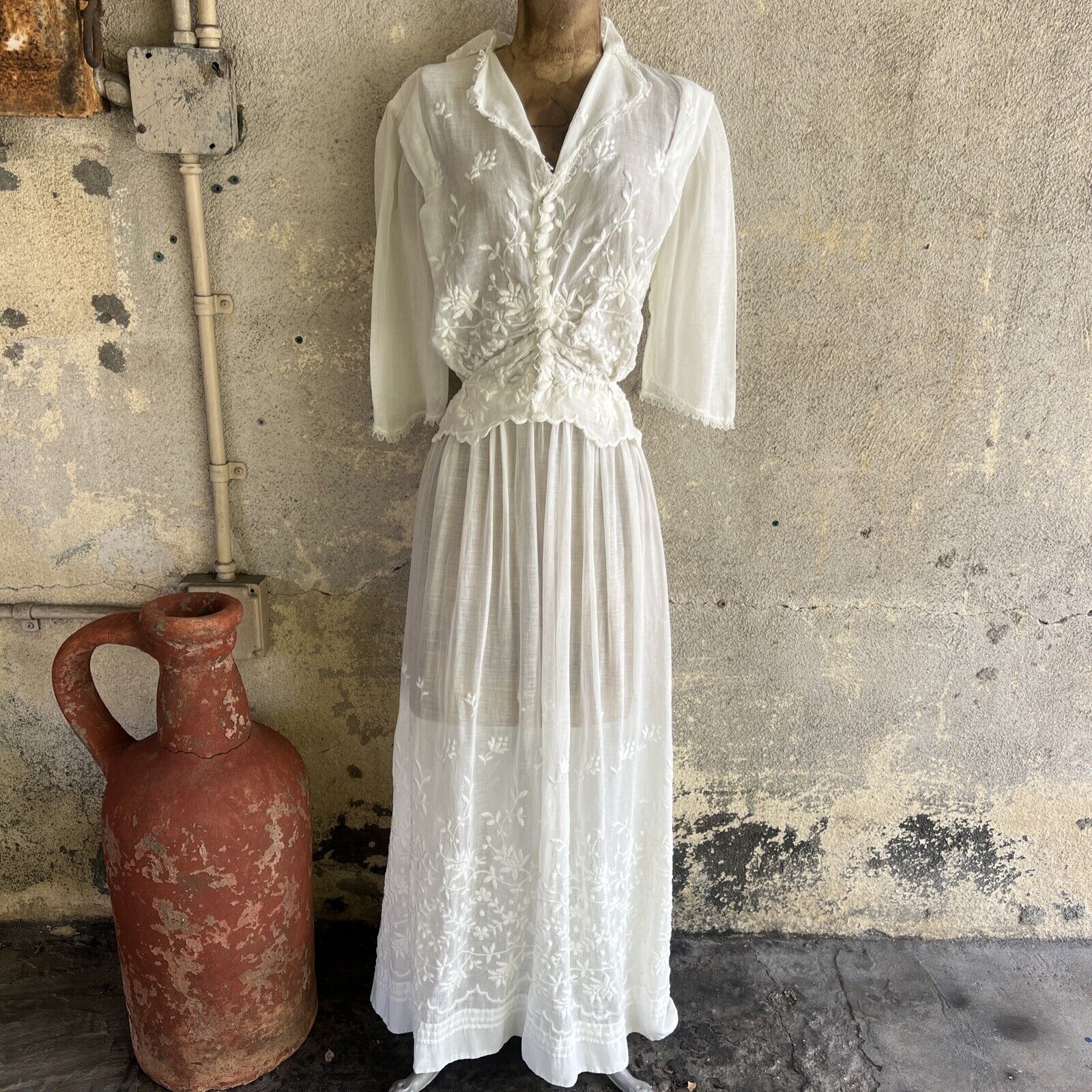 Antique Edwardian White Embroidered 2 Piece Tea Dress Bridal Wedding Vintage