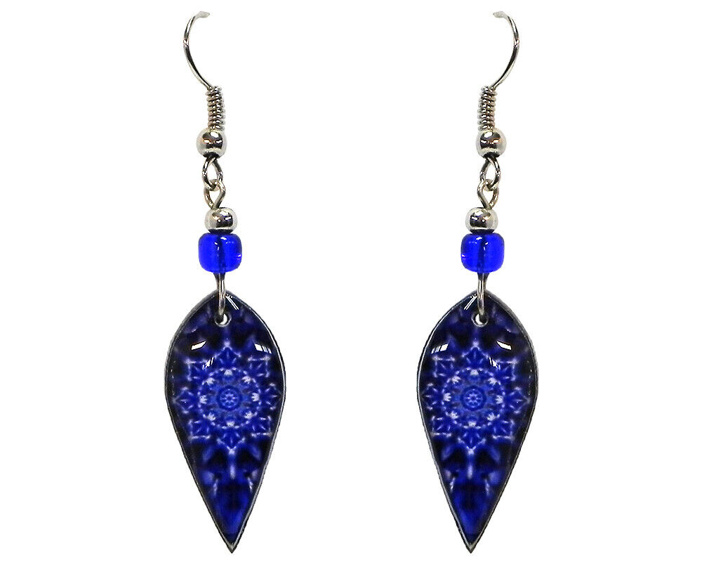 Blue Mandala Dangle Earrings Trippy Psychedelic Art Graphic Boho Hippie Jewelry