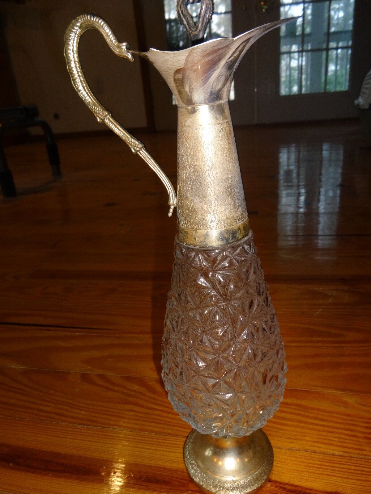 VINTAGE GLASS & METAL DECANTER WITH CORK STOPPER 15 1/2\