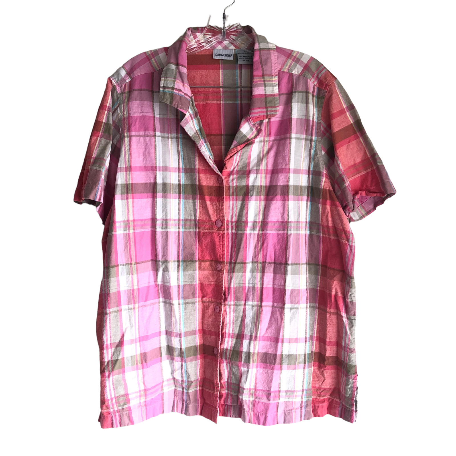 Cabin Creek Women\'s Shirt Plus Size 2X Plaid Pink 100% Cotton Short Sleeve