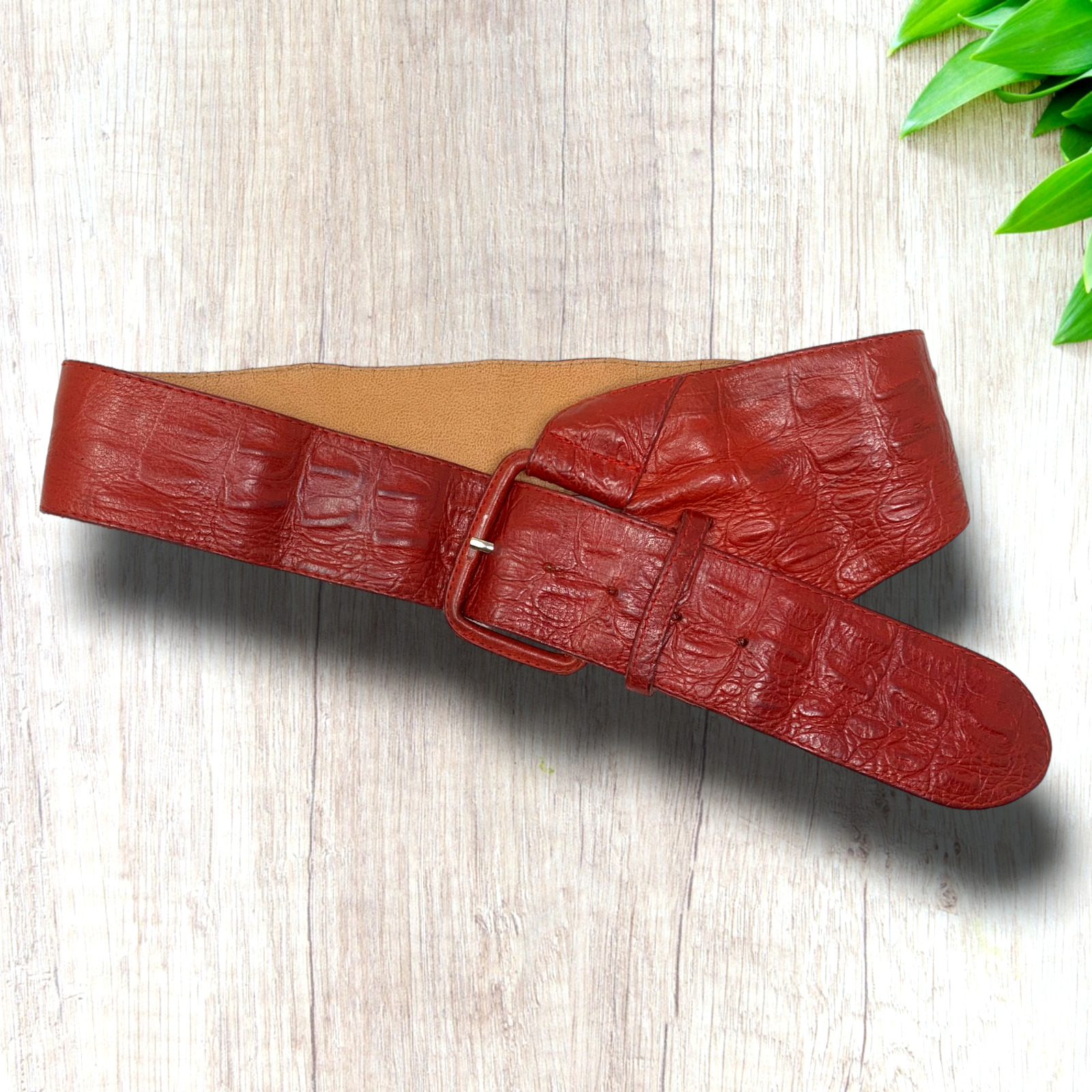 Vintage 1980\'s Fob Trading Sz S/M Red Leather Wide Waist Cinch Belt New Wave