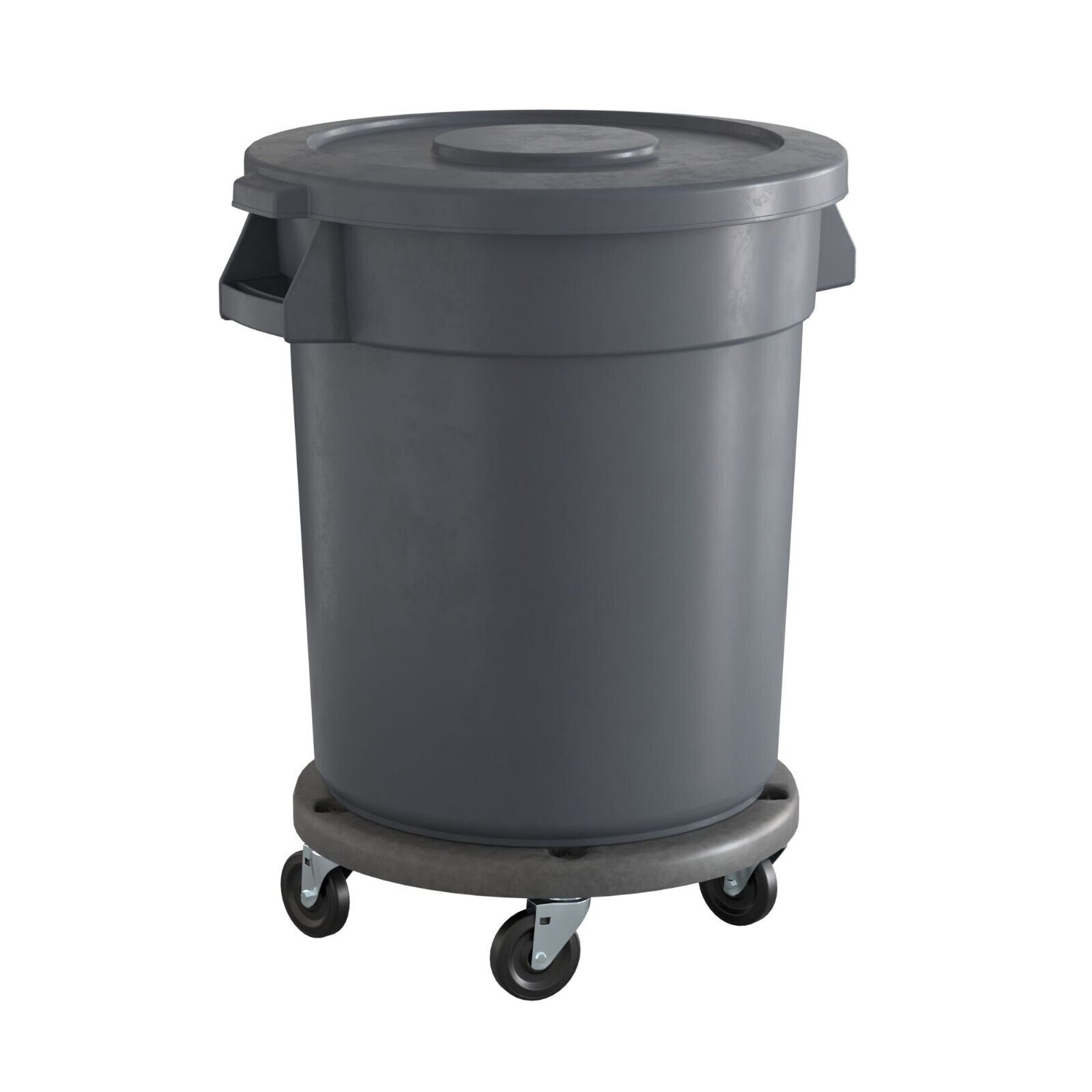 Commercial Round Plastic Trash Can with Lid and Dolly 20 Gallon Gray