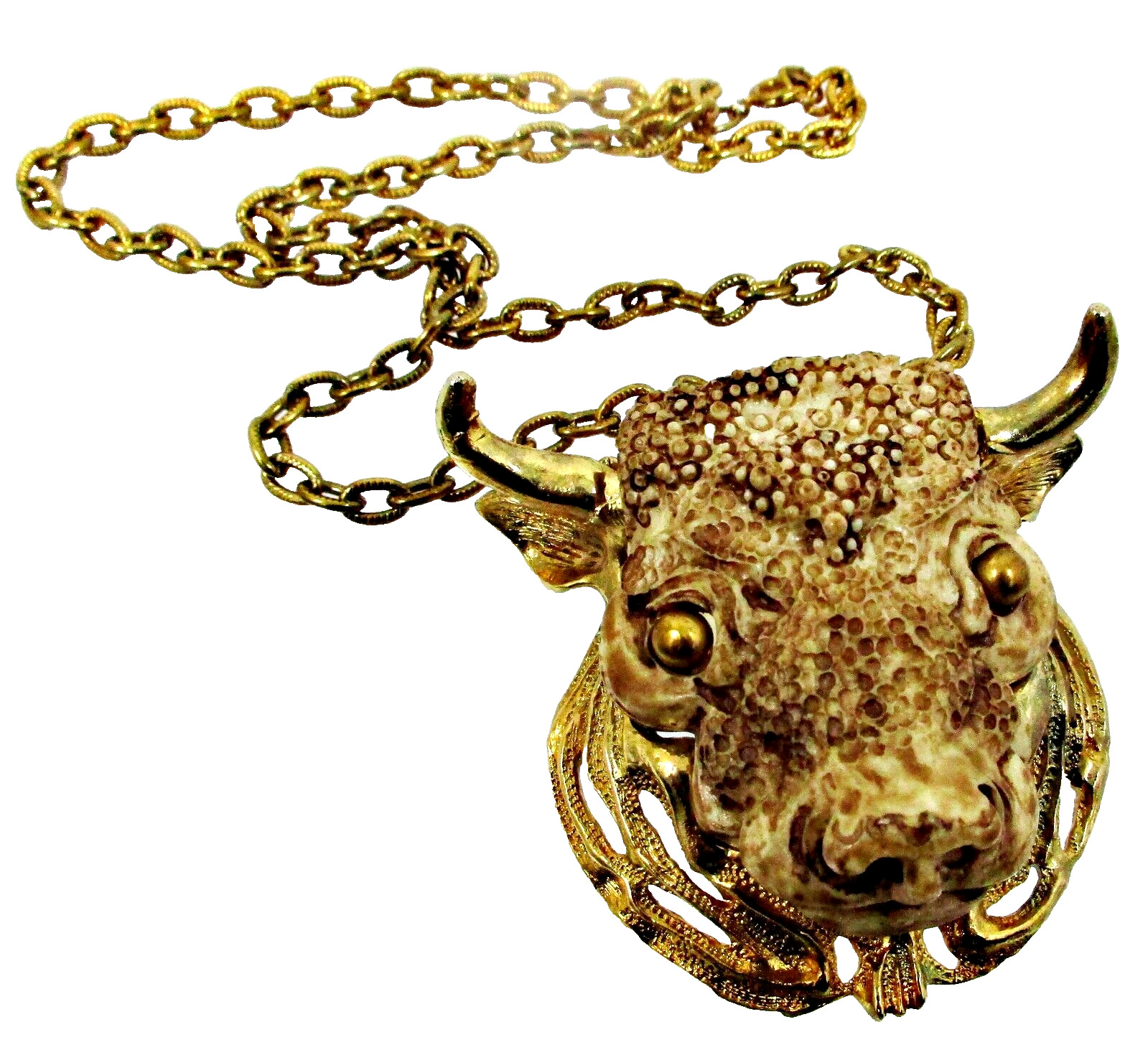 Vintage Signed RAZZA Bull Steer Zodiac Taurus 70\'s Resin/Metal Pendant Necklace