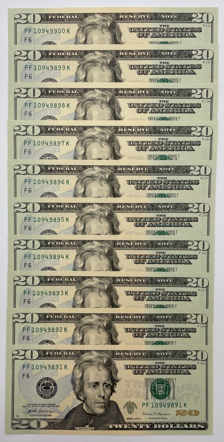 New Uncirculated TWENTY Dollar Bills Series 2017A $20 Sequential Notes Lot of 10