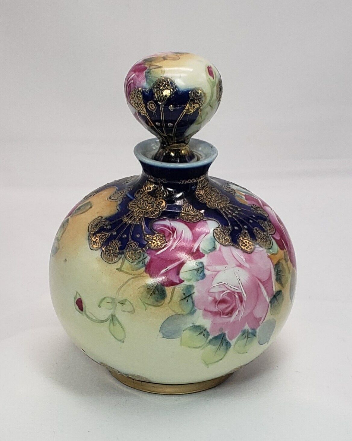 Nippon Porcelain Bottle w/ Stopper Gold Moriage over Cobalt Pink Floral 6 in Vtg