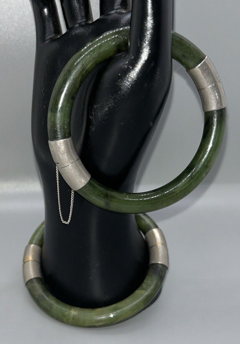 Vintage 70s Jade Bangles Set Of 2 Hinged Etched Silver Tone Safety Chain Clasp