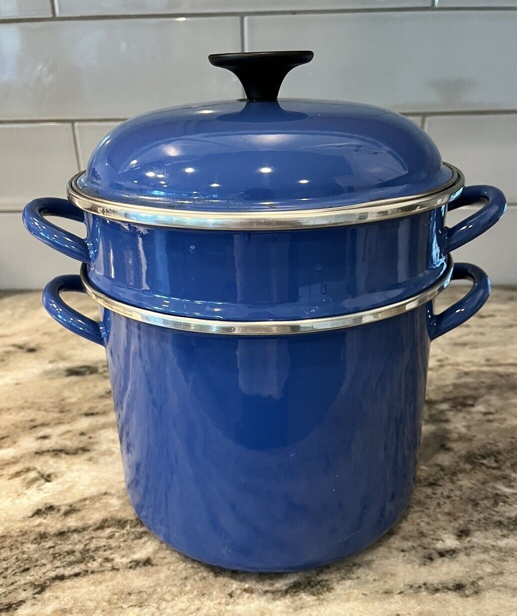 Vintage Le Creuset Blue Enameled Steel 5 Quart Stock Pasta Pot w/ Steamer Insert
