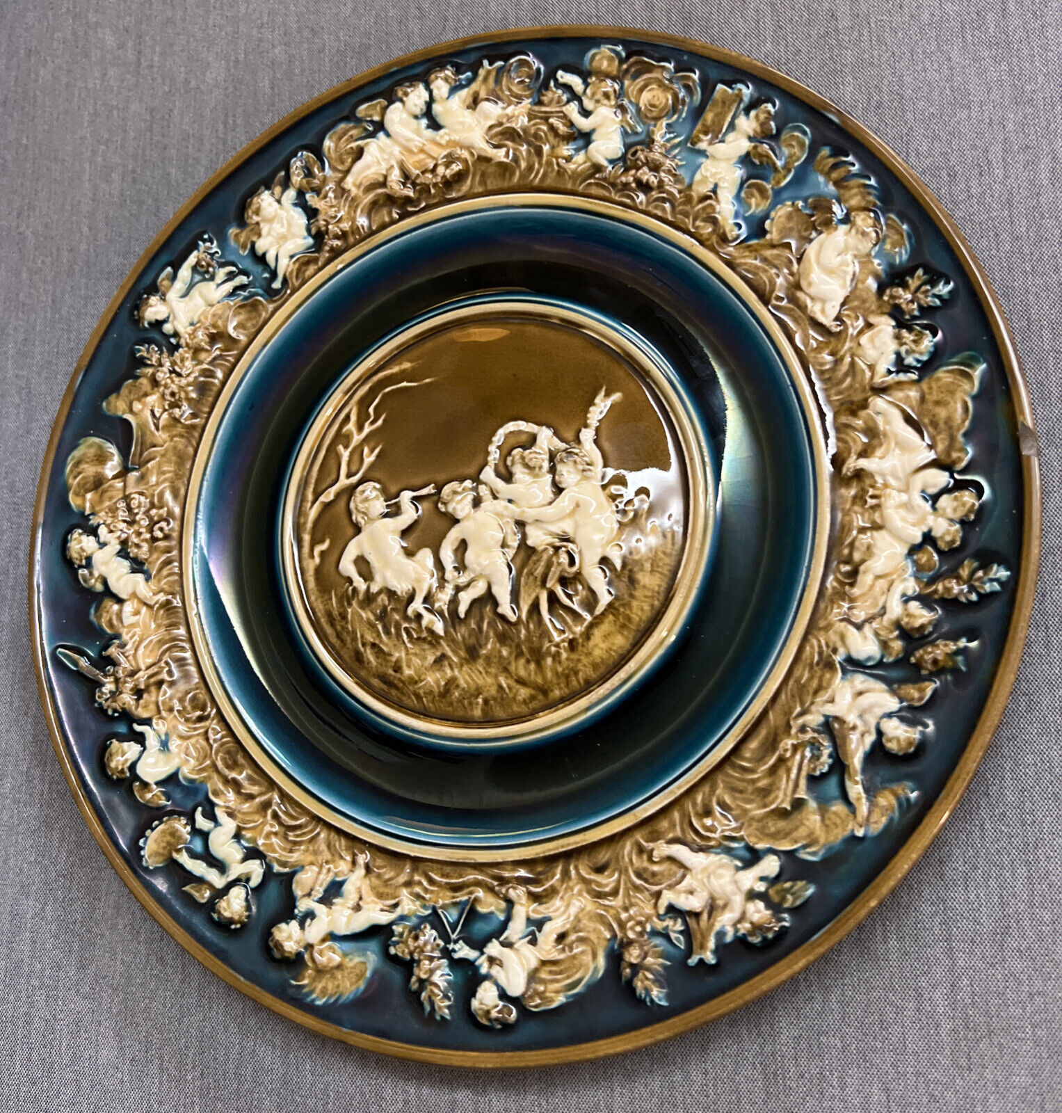 Antique Schutz Blansko Pottery Plate Cherub Heron Blue, Olive, Cream 12.5\