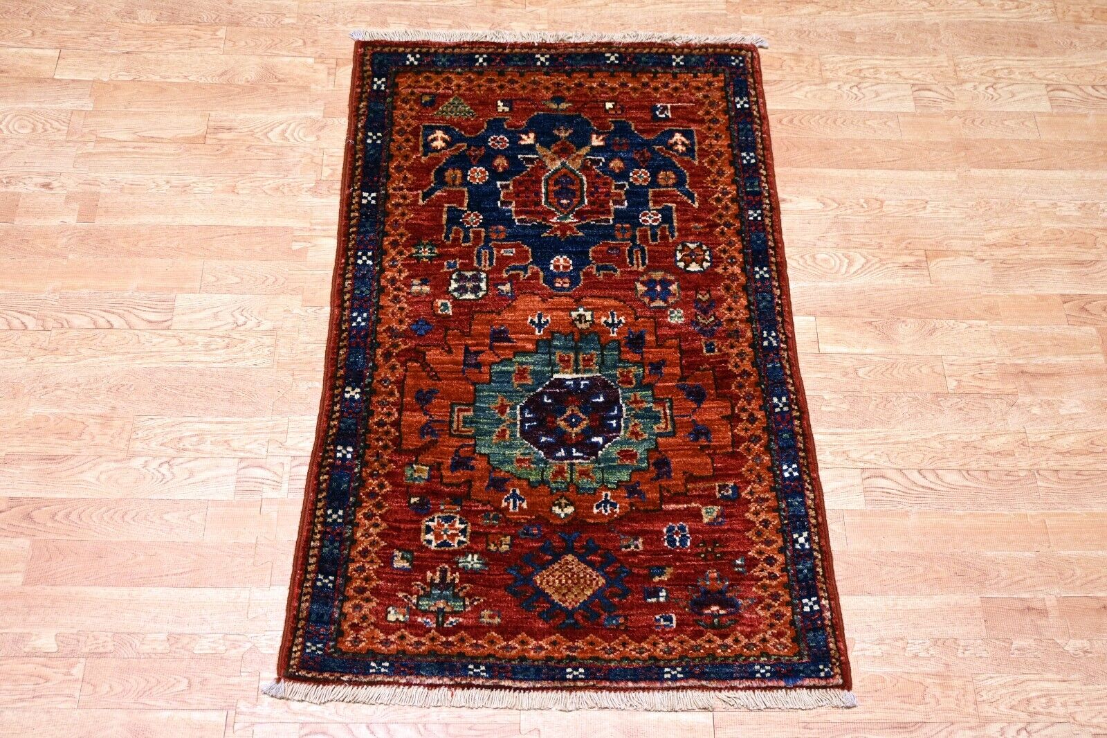 2 x 3 ft Red Oriental Afghan Hand Knotted Tribal Area Rug