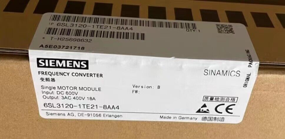 New In Box SIEMENS 6SL3120-1TE21-8AA4 Single Motor Module 