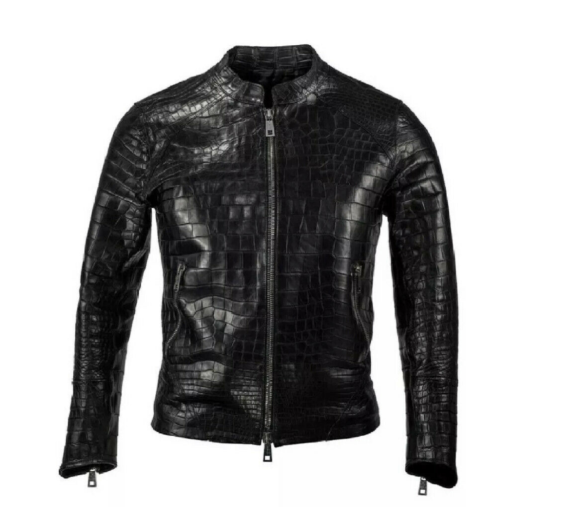 Men\'s Real Leather Croco Embossed Jacket Biker Motorcycle Black Printed Jacket