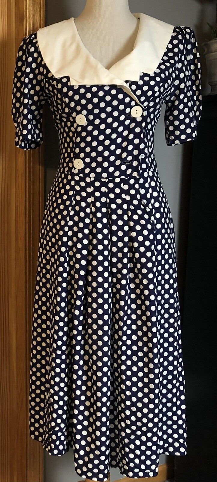50s 60s Women’s A Line Dress Sz 4 Midi Blue White Polka Dots Puff Sleeves USA