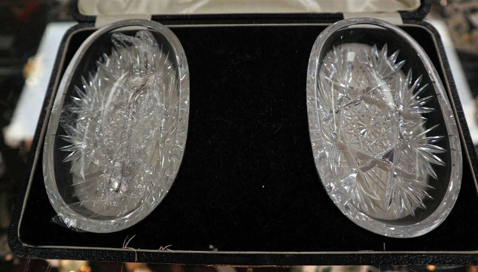 Pr. Cut Glass Crystal Salts in Box with Silver Spoons ca1930's Art Deco