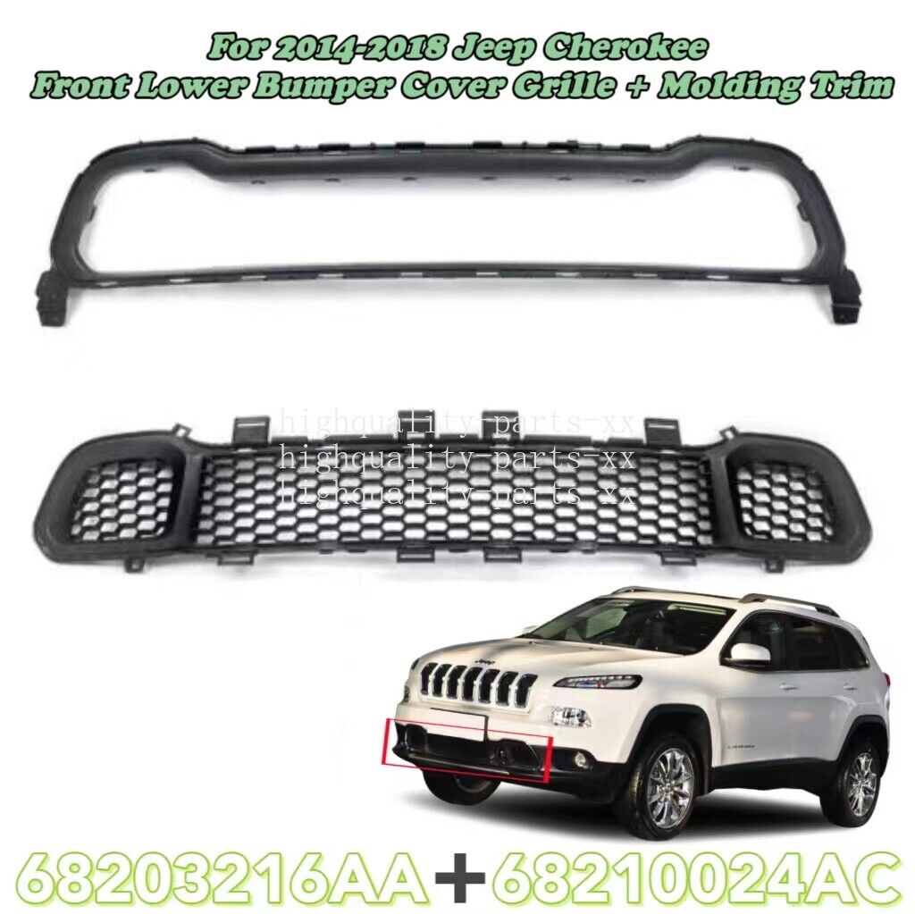 For 2014-2018 Jeep Cherokee Front Lower Bumper Cover Grille + Molding Trim Black