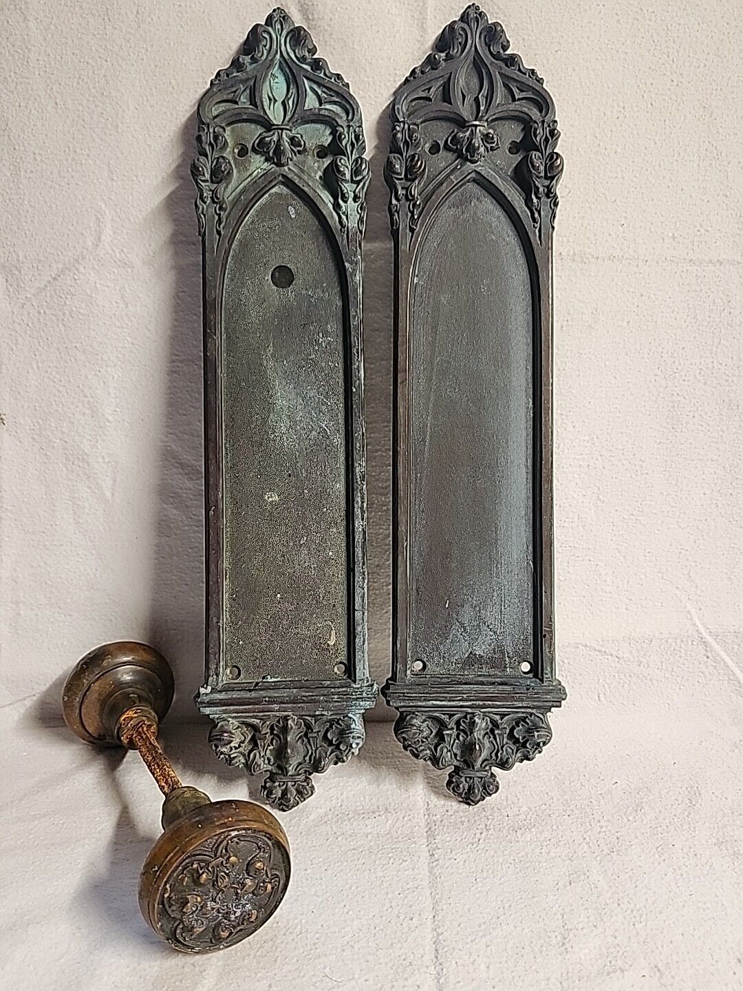 Large Antique Ornate Bronze/Brass Textured Gothic Salvage Door Plates & Knob 