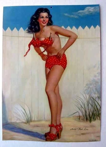 1950s Pinup Girl Picture Brunette Behind Laundry Line by M Miller