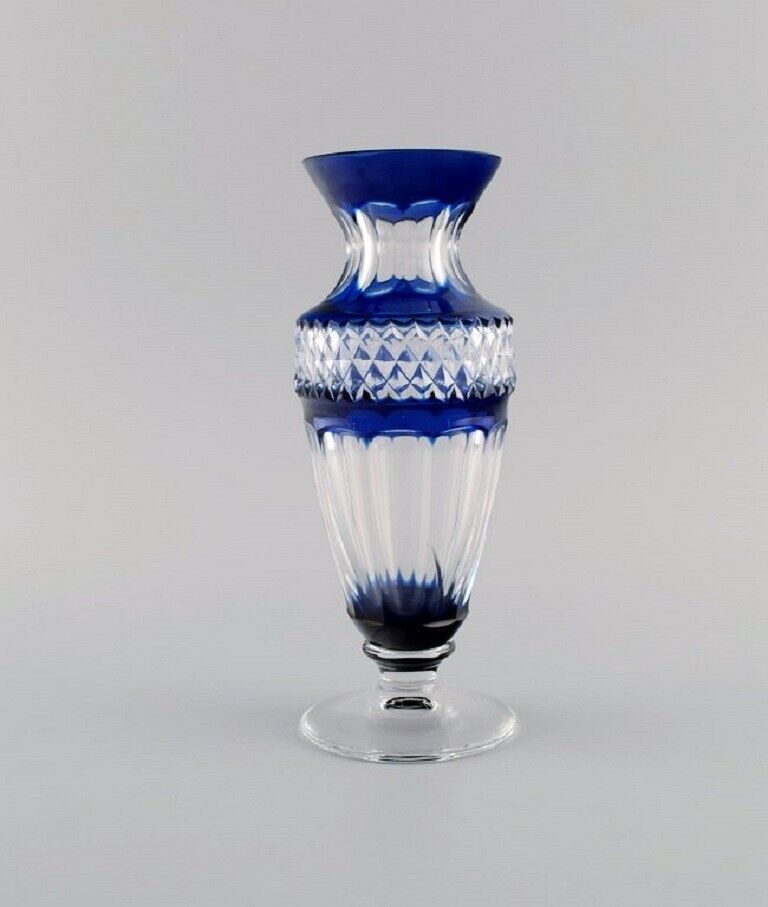 Bohemian glass vase in clear and blue art glass. Classic style. Mid-20th century