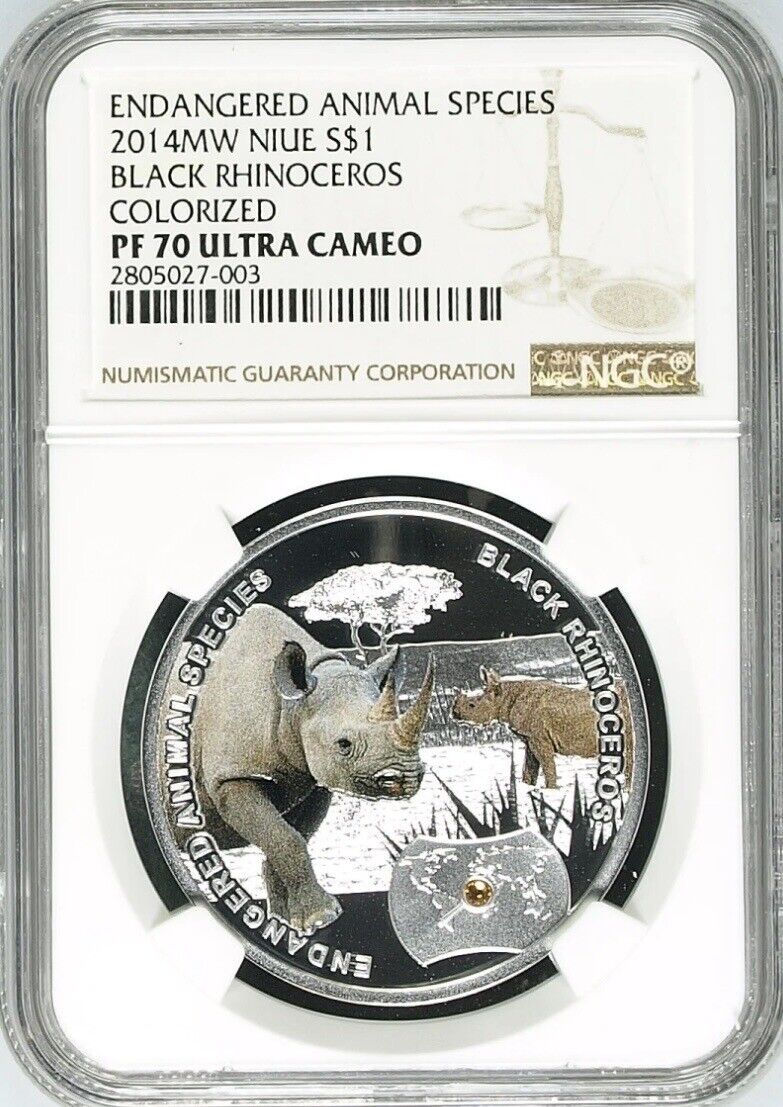 2014MW Niue 1$ Endangered Species Black RHINOCEROS PF70 UC 1/2 OZ. Silver Coin 