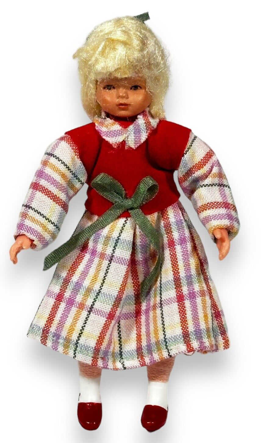 German Caco Girl Dollhouse Doll Blonde Hair Red Plaid Dress Wrapped Legs