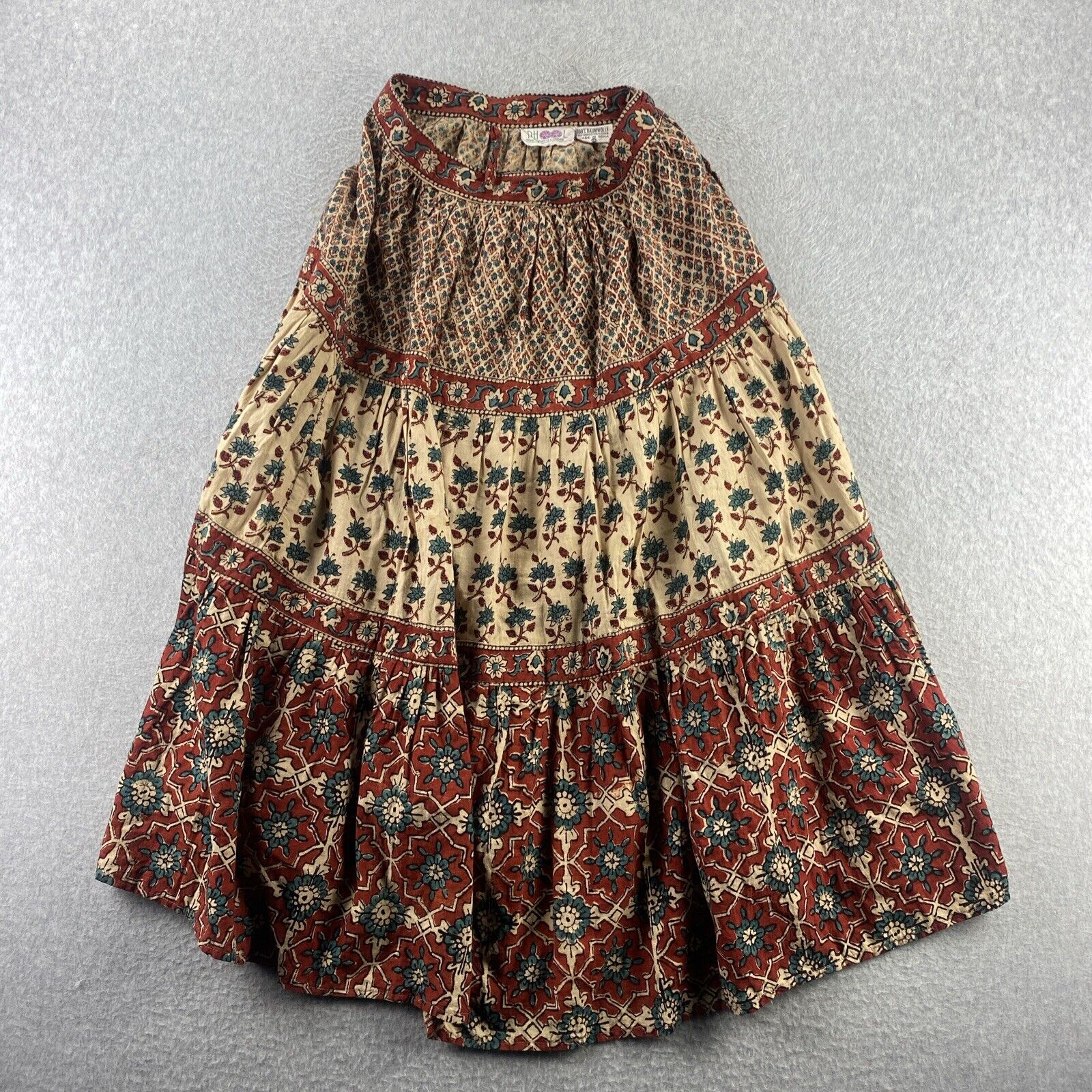 Phool Midi Skirt Size 12 Boho Teal Accents Crinkly Cotton Vintage