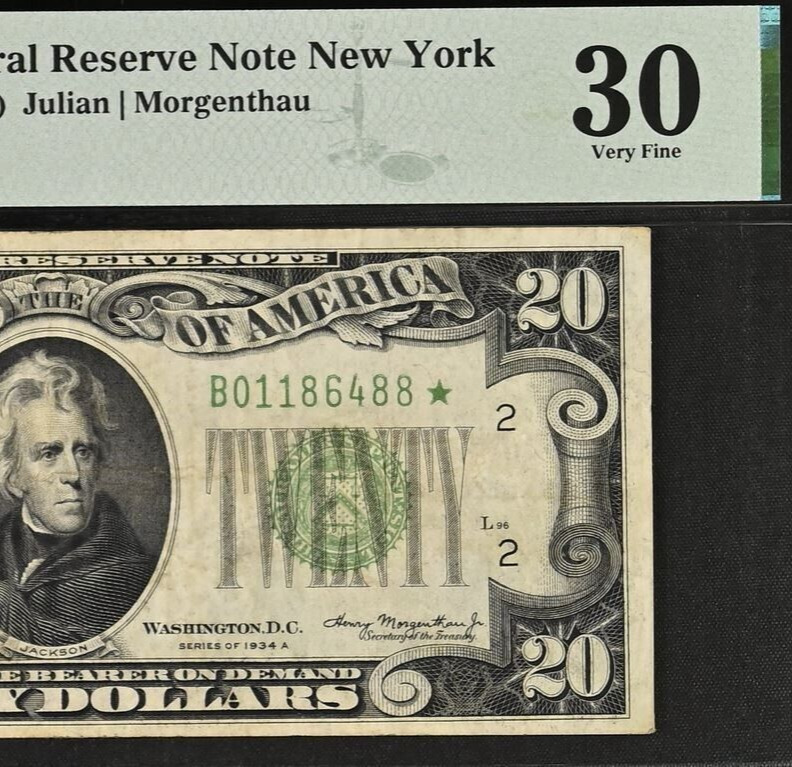 1934A $20 Federal Reserve Note PMG 30 Very-Fine New York Star Fr 2055-B*