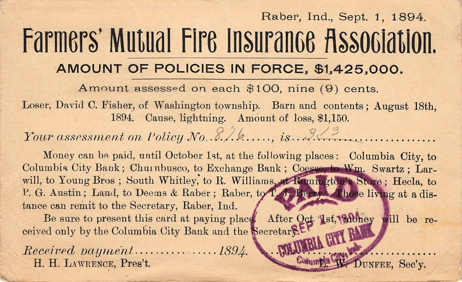 Farmers Mutual Insurance Raber Indiana Barn Fire Disaster 1894 Postal Card B27