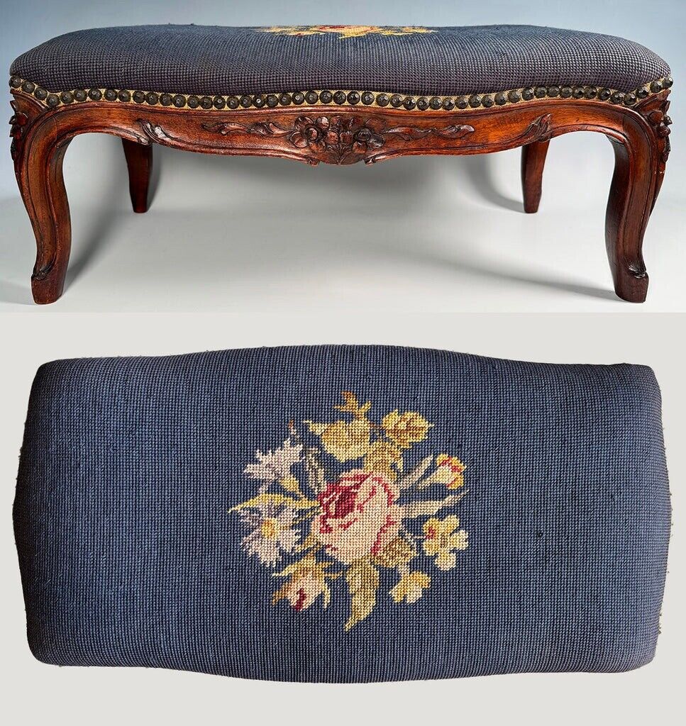 Antique to Vintage French Carved Wood Foot Stool or Bench, Needlepoint Tapestry