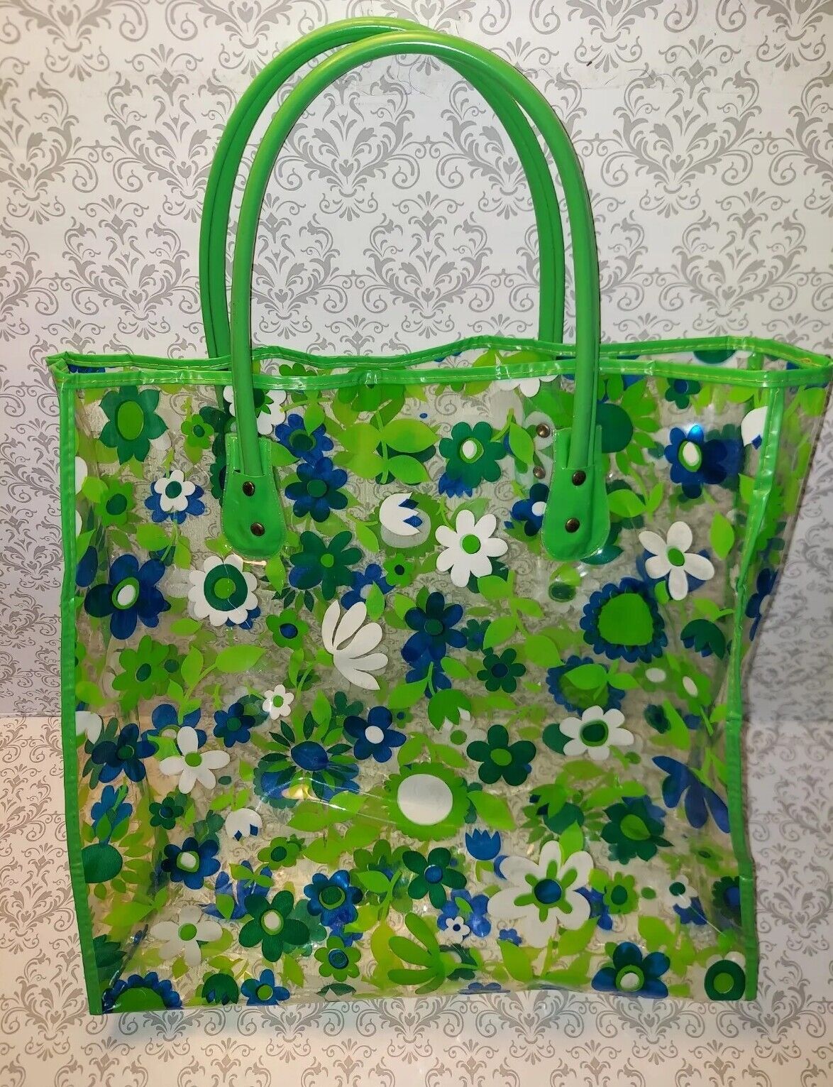Vintage MCM Clear Retro Green, White, And Blue Flower Tote Bag