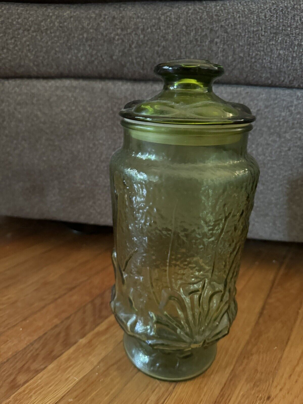 Vintage Anchor Hocking Rainflower Green Glass Canister Jar